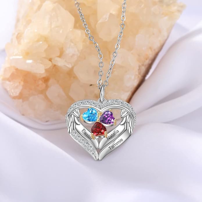 GLAMCARAT Personalized sterling silver pendant necklace with birthstone and name mothers jewelry heart shaped necklace for her birthstone necklace GLAMCARAT