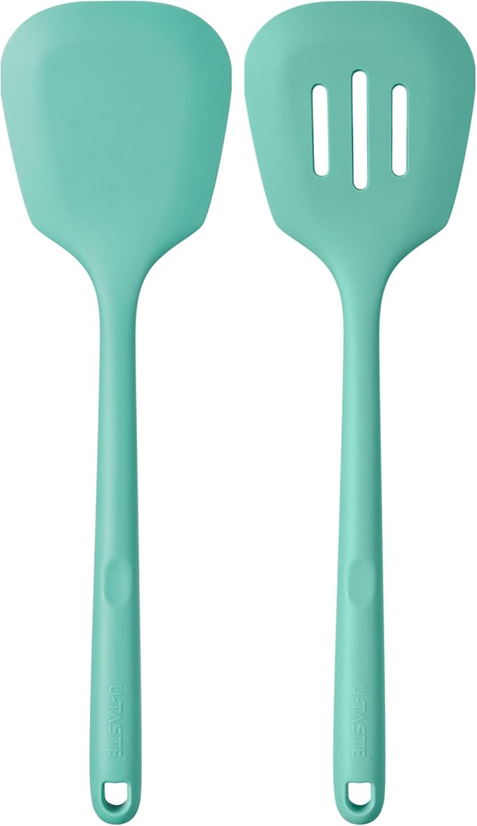 U-Taste 600ºF Heat Resistant Silicone Turners: 13.6in Long Solid & Slotted Kitchen Spatula Flipper, Wide and Large Flexible Cooking Utensil for Flipping Egg, Pancake, Cookie (Aqua Sky, 2PCS) U-Taste