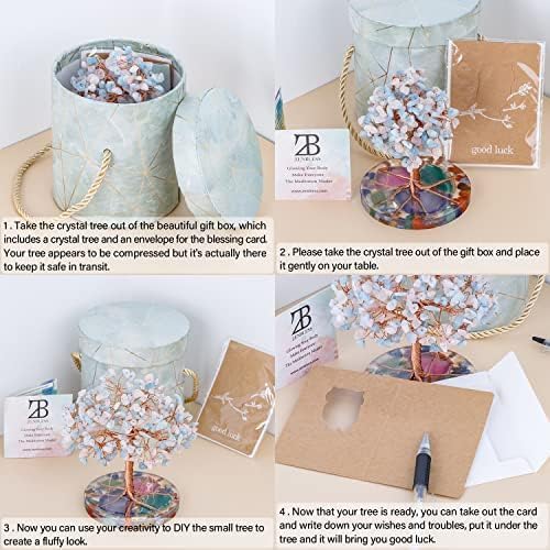 ZenBless 7 Chakra Healing Crystals Stones Tree, Pink Crystal Aquamarine Leaf Wire Wrapped on Agate Slice Base, Home Office Desk Living Room Feng Shui Decoration for Wealth and Luck ZenBless