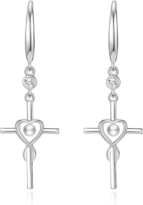 FANCIME Gift for Women Cross Dangle Drop Earrings 925 Sterling Silver Heart Birthstone Earring Fine Jewelry Birthday Gifts for Her Women FANCIME