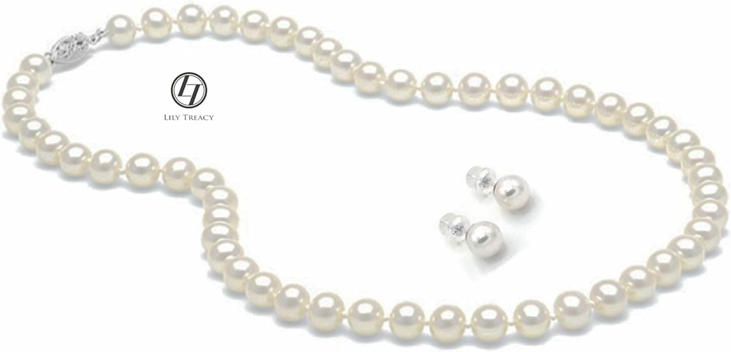 Lily Treacy Japanese Akoya Pearl Necklace Strand 14K gold clasp 18" w/Stud Earrings 18K gold post Set Bridal Gift 7-7.5mm LILYTREACY