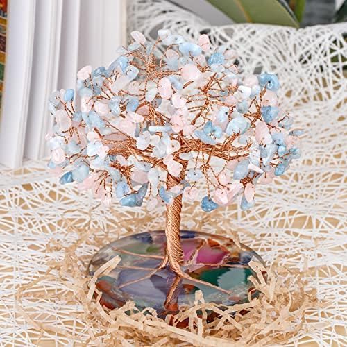 ZenBless 7 Chakra Healing Crystals Stones Tree, Pink Crystal Aquamarine Leaf Wire Wrapped on Agate Slice Base, Home Office Desk Living Room Feng Shui Decoration for Wealth and Luck ZenBless