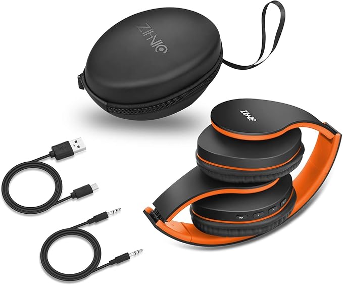 ZIHNIC Bluetooth Headphones Over-Ear, Foldable Wireless and Wired Stereo Headset Micro SD/TF, FM for Cell Phone,PC,Soft Earmuffs &Light Weight for Prolonged Wearing(Black/Orange) ENJOYMUSICLIFEWITHZIHNICHEADPHONES