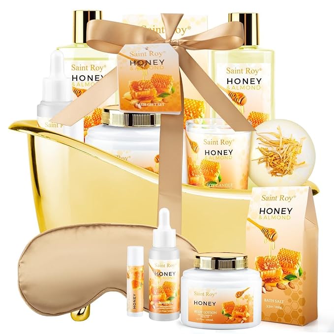 Christmas Gifts for Women Bath & Body Gift Set, Luxury Home Spa Bath Gift Basket, Honey Almond Scented Bath Set, Pamper Gifts Birthday gifts & Teens, Spa Kit Gift, Home Spa Gifts for Men Dad SaintRoy