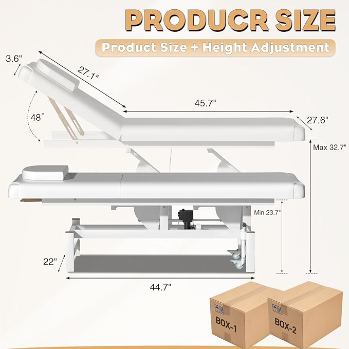 Stationary Massage Table with Memory Foam, Massage TattooTable with Adjustable Height, Facial Bed for Esthetician, PU Leather for Physical Therapy & Spa (Metal/ 2 Molds-White, 44.7''L x 22''W) Kick Boosters