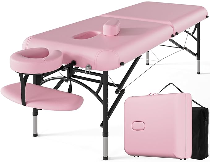 CLORIS 84" Professional Massage Table Portable 2 Folding Lightweight Facial Salon Spa Tattoo Bed Height Adjustable with Carrying Bag & Aluminium Leg Hold Up to 1100LBS Pink CLORIS-Direct