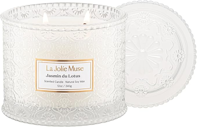 LA JOLIE MUSE Jasmin du Lotus Candle - Ivy, Jasmine, Cedarwood | 12 oz Large 2-Wick Soy Wax Candle | 60 Hours Clean Burn | Floral Scented Candle | Gift-Ready for Hosts & Gatherings LaJol%C3%ADeMuse