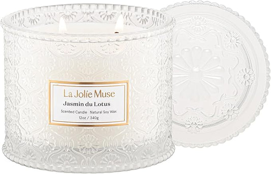 LA JOLIE MUSE Jasmin du Lotus Candle - Ivy, Jasmine, Cedarwood | 12 oz Large 2-Wick Soy Wax Candle | 60 Hours Clean Burn | Floral Scented Candle | Gift-Ready for Hosts & Gatherings LaJol%C3%ADeMuse