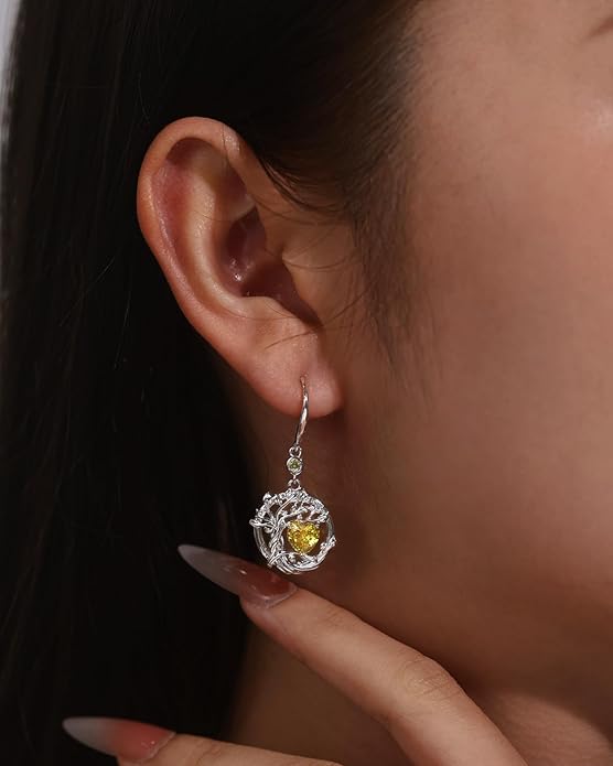 FANCIME Tree of Life Dangle Drop Earrings 925 Sterling Silver Dainty Round Gemstone Birthstone Earring Fine Jewelry Birthday Christmas Gifts for Her Women FANCIME