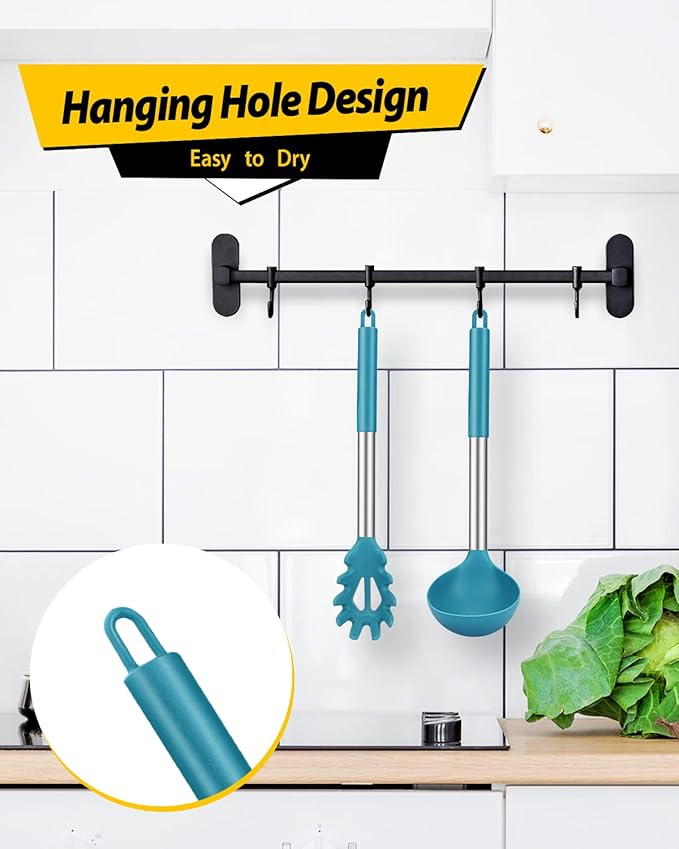 Silicone Pasta Fork and Ladle Spoon Set, Large Non Stick Kitchen Utensils for Cooking,Stirring,Serving Spaghetti, Soup, Sauce (BLUE) BUNDLEPRO