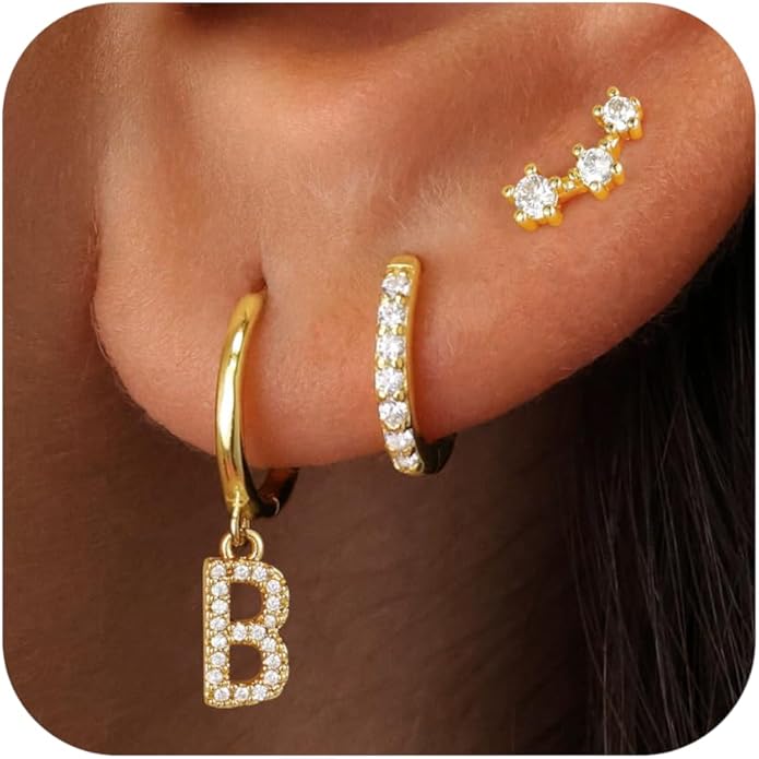 Christmas Gifts for Teen Girls Kids - 3 Pairs Gold Earrings for Women Huggie Hoop Earrings for Girls with Initial Dangle Cartilage Earring Studs Hypoallergenic Earring Set for Multiple Piercing JIAOGE
