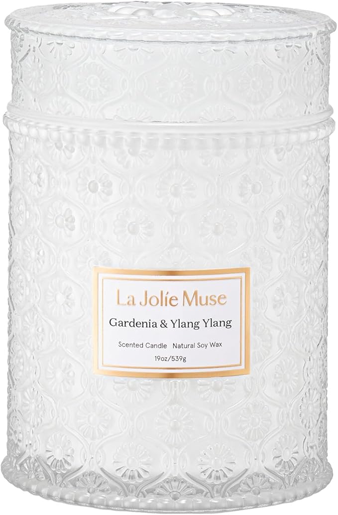 LA JOLIE MUSE Gardenia & Ylang Ylang Scented Candle – Ylang, Tuberose, Orange Blossom |19 oz Large Wooden Wick Candle | Natural Soy Wax | 90 Hours Clean Burn | Gift-Ready for Hosts LaJol%C3%ADeMuse