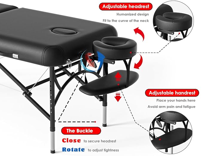 CLORIS 84" Professional Massage Table Portable 2 Folding Lightweight Facial Salon Spa Tattoo Bed Height Adjustable with Carrying Bag & Aluminium Leg Hold Up to 1100LBS Black Widen CLORIS-Direct