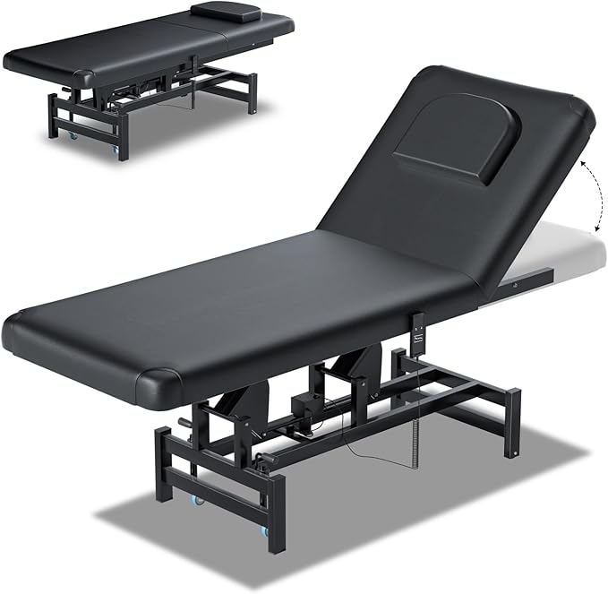 Stationary Massage Table with Memory Foam, Massage TattooTable with Adjustable Height, Facial Bed for Esthetician, PU Leather for Physical Therapy & Spa (Metal/ 2 Molds-Black, 44.7''L x 22''W) Kick Boosters