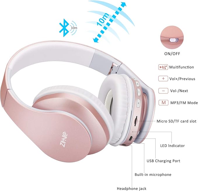 ZIHNIC Bluetooth Headphones Over-Ear, Foldable Wireless and Wired Stereo Headset Micro SD/TF, FM for Cell Phone,PC,Soft Earmuffs &Light Weight for Prolonged Wearing(Rose Gold) ENJOYMUSICLIFEWITHZIHNICHEADPHONES