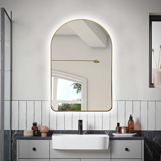 Niccy Arched LED Lighted Bathroom Mirror, 32x20 Inch Backlit Vanity Mirror with Lights Brushed Gold Framed Wall Mounted Mirrors with Dimmable 3 Color Shatterproof Arch Smart Fog Free Mirror Niccy