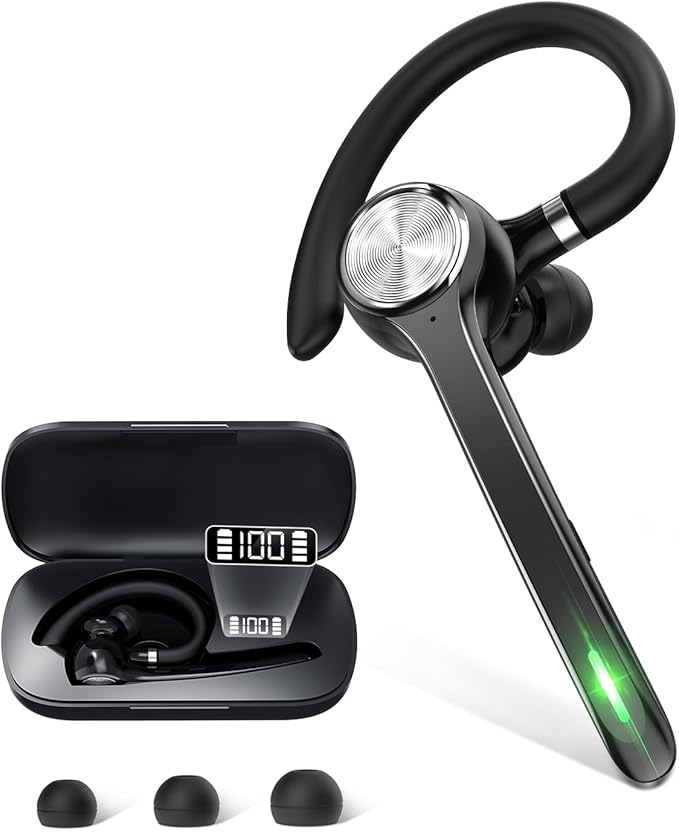 HEIBAS Bluetooth Headset, Wireless Bluetooth Earpiece with 500mAh Charging Case 72 Hours Talking Time Built-in Microphone for iOS Android Cell Phone, V5.1 Hand-Free Headphones for Office-Bright Black HEIBAS