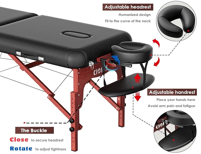 CLORIS 84" Professional Massage Table Portable 2 Folding Lightweight Facial Salon Spa Tattoo Bed Height Adjustable with Carrying Bag & Wooden Leg Hold Up to 1100LBS Black CLORIS-Direct