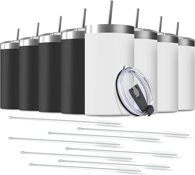 8 Pack 20 Oz Stainless Steel Skinny Tumbler with Splash Proof Lid, Vacuum Insulated Double Wall Thermal Cup, Outdoor Unbreakable Travel Slim Bottle for Hot Cold Drinks