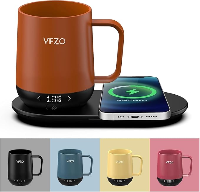 Temperature Control Smart Mug, Self Heating Coffee Mug LED Display, 180 Min Battery Life - Hot up to 149℉ Fast Wireless Charger Base Improved Design coffee serving sets (12oz, Orange) VFZO
