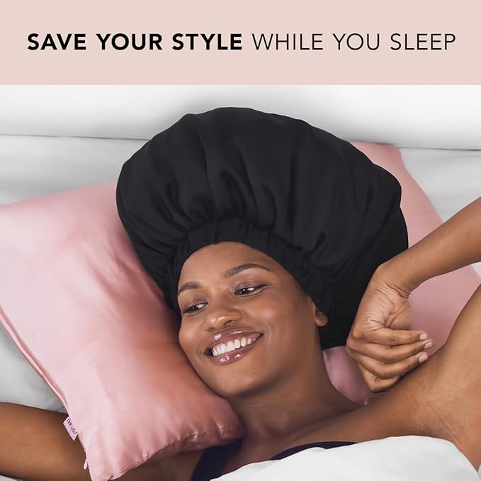 Kitsch XL Satin Bonnet for Sleeping - Softer Than Silk Hair Bonnet For Women - Secure Fit, Adjustable Night Cap For Curly & Textured Hair - Prevents Breakage, Tangles & Thinning - Black Kitsch