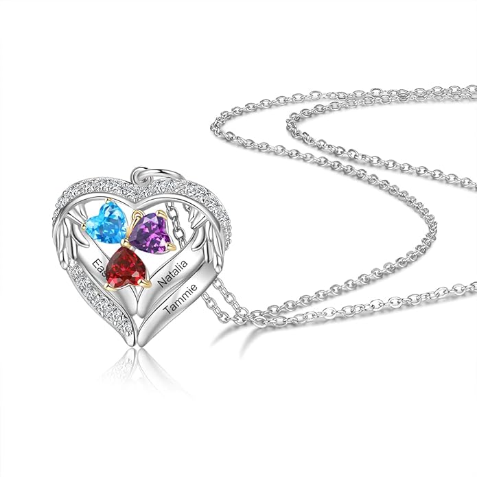 GLAMCARAT Personalized sterling silver pendant necklace with birthstone and name mothers jewelry heart shaped necklace for her birthstone necklace GLAMCARAT