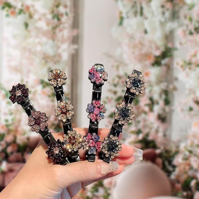 2 Pcs Sparkling Crystal Stone Braided Hair Clips, 2024 New Satin Fabric Hair Bands Rhinestone Four-Leaf Clover Hair Clip,Duck Bill Clips for Women Girls (4 Pcs) Pousbo