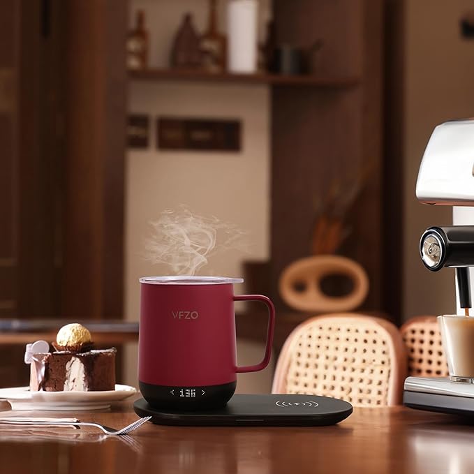 Temperature Control Smart Mug, Self Heating Coffee Mug LED Display, 180 Min Battery Life - Hot up to 149℉ Fast Wireless Charger Base Improved Design coffee serving sets (12oz, Burgundy) VFZO