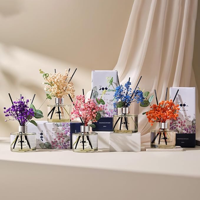 396 st. Preserved Baby's Breath Flower Reed Diffuser, White Musk, 200ml(6.7oz) / Reed Diffuser Sets, Home Fragrance, Scented Oils, Home & Bathroom Décor 396st