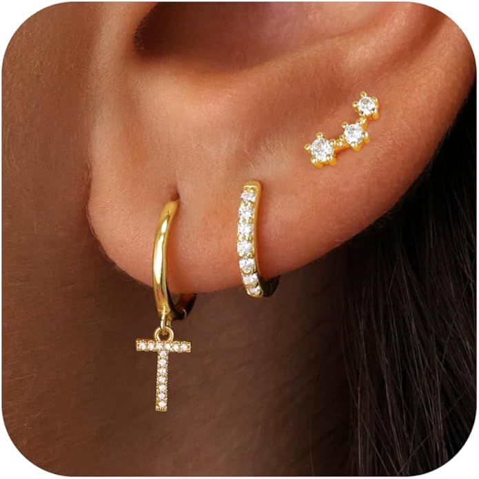 Christmas Gifts for Teen Girls Kids - 3 Pairs Gold Earrings for Women Huggie Hoop Earrings for Girls with Initial Dangle Cartilage Earring Studs Hypoallergenic Earring Set for Multiple Piercing JIAOGE
