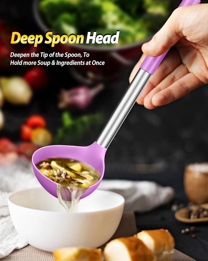 Silicone Pasta Fork and Ladle Spoon Set, Large Non Stick Kitchen Utensils for Cooking,Stirring,Serving Spaghetti, Soup, Sauce (PURPLE) BUNDLEPRO