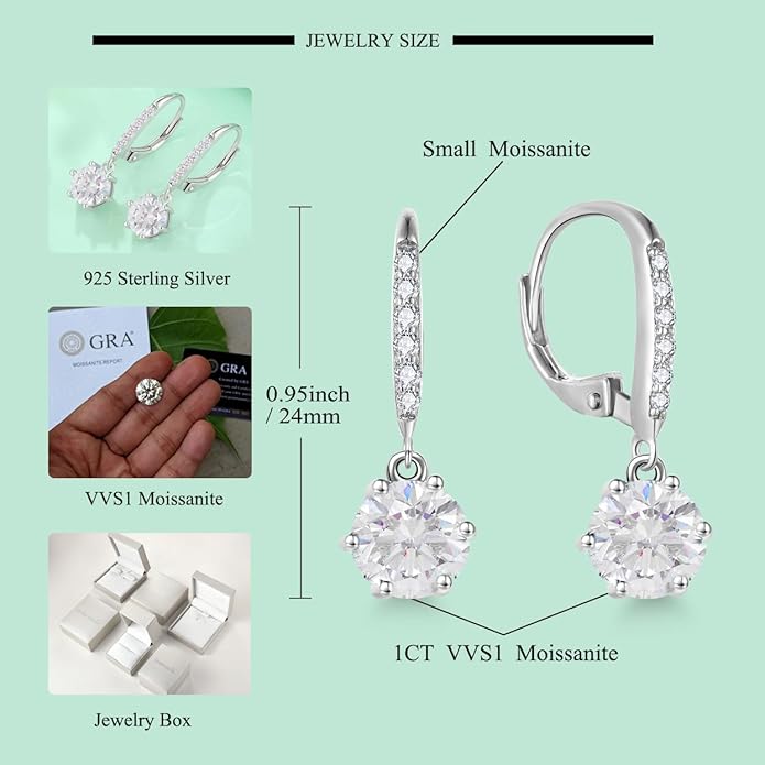 Starchenie Moissanite Earrings for Women D Color VVS1 1CT Moissanite Dangle Drop Earrings 925 Sterling Silver 18K White Gold Plated Jewelry starchenie