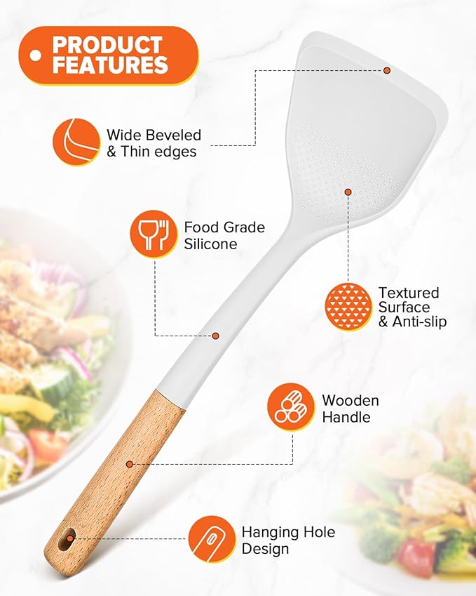 Silicone Cooking Utensils Set, Perfectly Angled for Frying, Mixing,Serving,Draining,Turning and Stirring, BPA-Free Matte Silicone, Wood Handles, Safe for Nonstick Cooking Surfaces,4 Pack (White) BADIANO