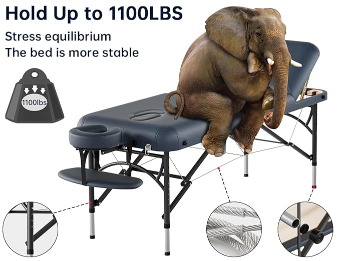 CLORIS 84" Professional Massage Table Portable 3 Folding Lightweight Facial Salon Spa Tattoo Bed Height Adjustable with Carrying Bag & Aluminium Leg Hold Up to 1100LBS Blue CLORIS-Direct