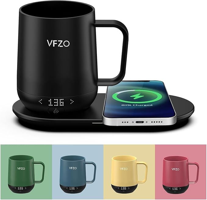 Temperature Control Smart Mug, Self Heating Coffee Mug LED Display, 180 Min Battery Life - Hot up to 149℉ Fast Wireless Charger Base Improved Design coffee serving sets mug(12oz, Black) VFZO