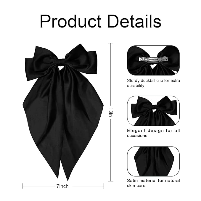 Large Blcak Satin Hair Bows Hair Ribbon Barrettes Cute for Girls with Long Tails Women's Hair Accessories Gifts (black) Egowry