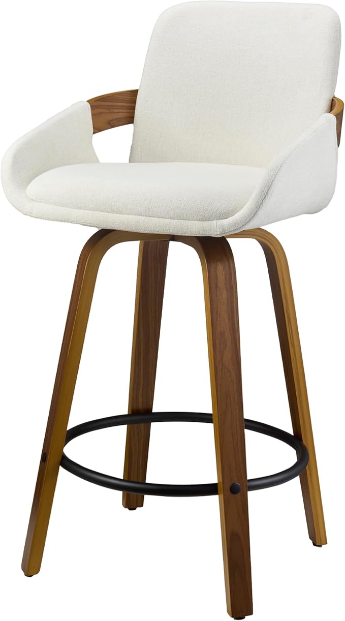 Beige Fabric Swivel Bar Stools with Back, Walnut Bentwood Mid-Century Design, Modern Set of 3 Bar Chairs with Curved Back and 360° Swivel, Ideal for Home Bars, Kitchens, Dining Spaces VipDesk