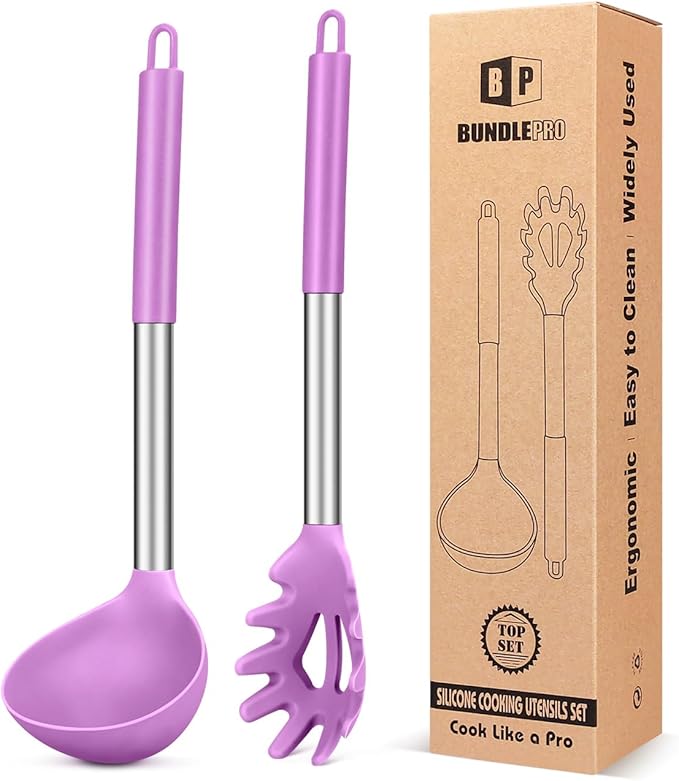 Silicone Pasta Fork and Ladle Spoon Set, Large Non Stick Kitchen Utensils for Cooking,Stirring,Serving Spaghetti, Soup, Sauce (PURPLE) BUNDLEPRO