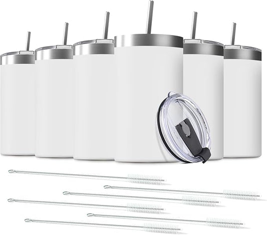 6 Pack 20 Oz Stainless Steel Skinny Tumbler with Splash Proof Lid, Vacuum Insulated Double Wall Thermal Cup, Outdoor Unbreakable Travel Slim Bottle for Hot Cold Drinks