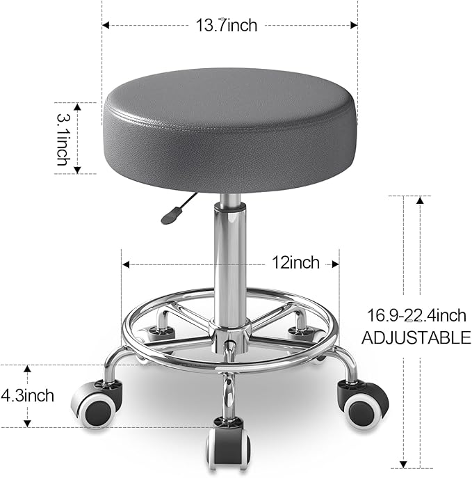 Rolling Stool, Heavy Weight Capacity 250lb, PU Leather Rolling stools, Ultra Soft Padded Seat, Rolling Stools with Wheels and Footrest, 360° Swivel, Spa Drawing Salon Work Office Tattoo Stool (Grey) YEEZEE