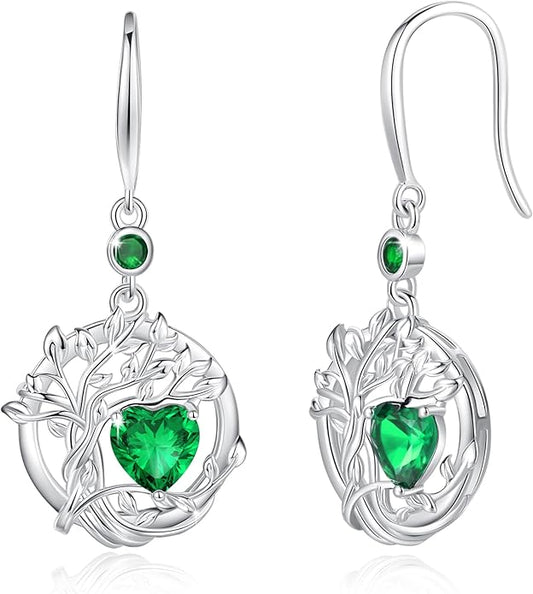 FANCIME Tree of Life Dangle Drop Earrings 925 Sterling Silver Dainty Round Gemstone Birthstone Earring Fine Jewelry Birthday Christmas Gifts for Her Women FANCIME