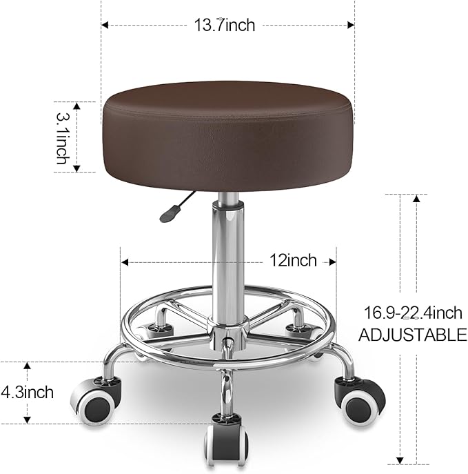 Rolling Stool, Heavy Weight Capacity 250lb, PU Leather Rolling stools, Ultra Soft Padded Seat, Rolling Stools with Wheels and Footrest, 360° Swivel, Spa Drawing Salon Work Office Tattoo Stool (Brown) YEEZEE