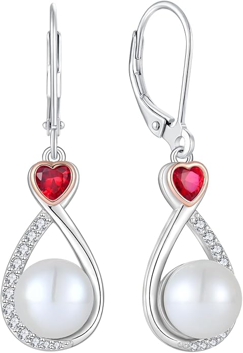 Heart Birthstone Pearl Earrings, 925 Sterling Silver Infinity Dangle Drop Leverback Earrings, 9mm Freshwater Cultured Pearl & 4mm Gemstone Jewelry Valentine's Day Gift for Women VESHONJEWELRY
