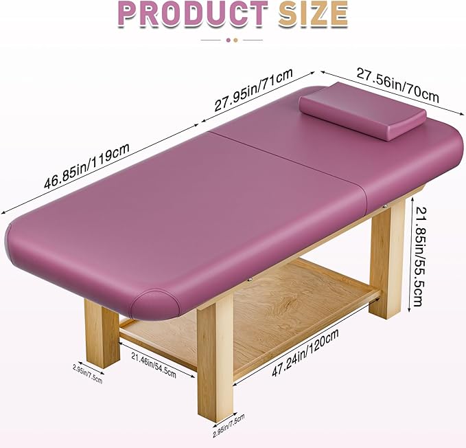 Stationary Massage Table with Memory Foam, Massage TattooTable with Adjustable Height, Facial Bed for Esthetician, PU Leather for Physical Therapy & Spa (Wood/RED, 75''L x 28''W x 25''H) Kick Boosters