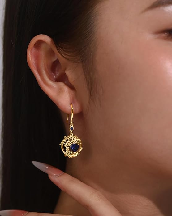 FANCIME Tree of Life Dangle Drop Earrings 925 Sterling Silver Dainty Round Gemstone Birthstone Earring Fine Jewelry Birthday Christmas Gifts for Her Women FANCIME
