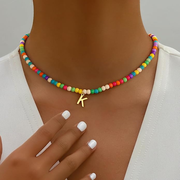 Eioi & Lmnm Colorful Initial Necklaces for Girls Women Kids - Teen Girls Gifts Trendy Beaded Initial Necklace Dainty Letter Gifts Choker Necklace for Girl Jewelry Kick Boosters