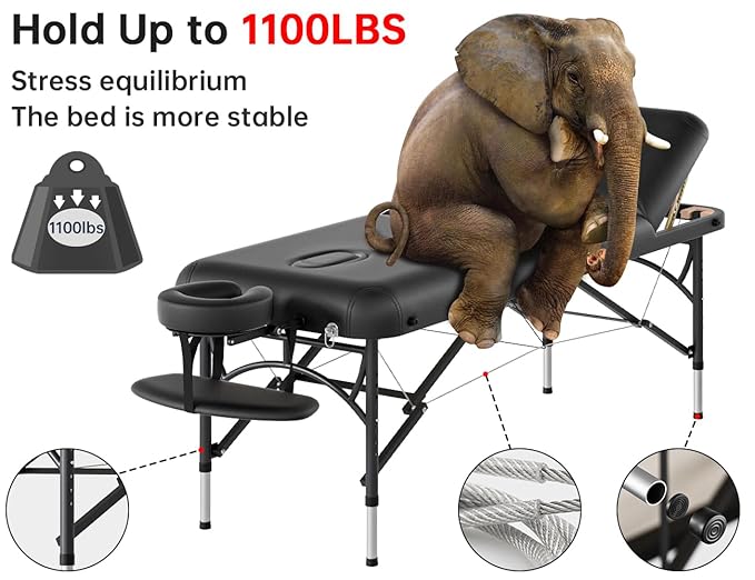 CLORIS 84" Professional Massage Table Portable 3 Folding Lightweight Facial Salon Spa Tattoo Bed Height Adjustable with Carrying Bag & Aluminium Leg Hold Up to 1100LBS CLORIS-Direct