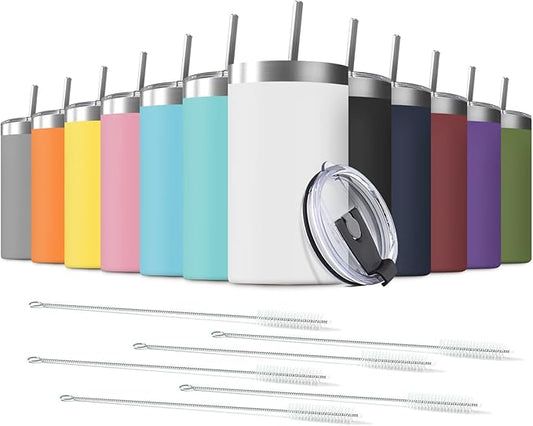 12 Pack 20 Oz Stainless Steel Skinny Tumbler with Splash Proof Lid, Vacuum Insulated Double Wall Thermal Cup, Outdoor Unbreakable Travel Slim Bottle for Hot Cold Drinks