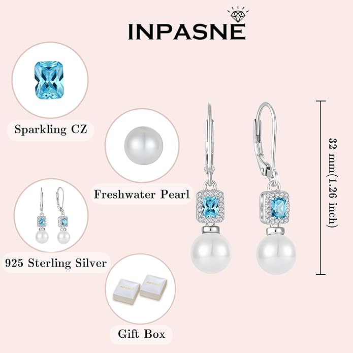 Pearl Drop Earrings Dangling 925 Sterling Silver Emerald Cut Leverback Earrings Birthstone Jewelry for Women INPASNE