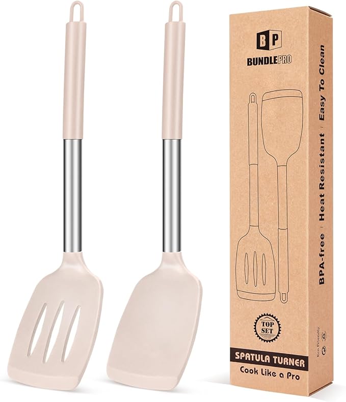 Pack of 2 Silicone Solid Turner, Non Stick Slotted Kitchen Spatulas, High Heat Resistant BPA Free Cooking Utensils, Ideal Cookware for Fish, Eggs, Pancakes(Stainless Steel Khaki) BUNDLEPRO